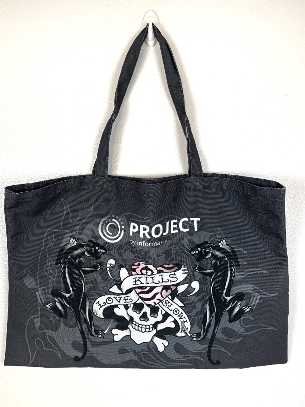 Ed Hardy Project by informa Large Tote Bag Charcoal Gray Skull Love Kills Slowly